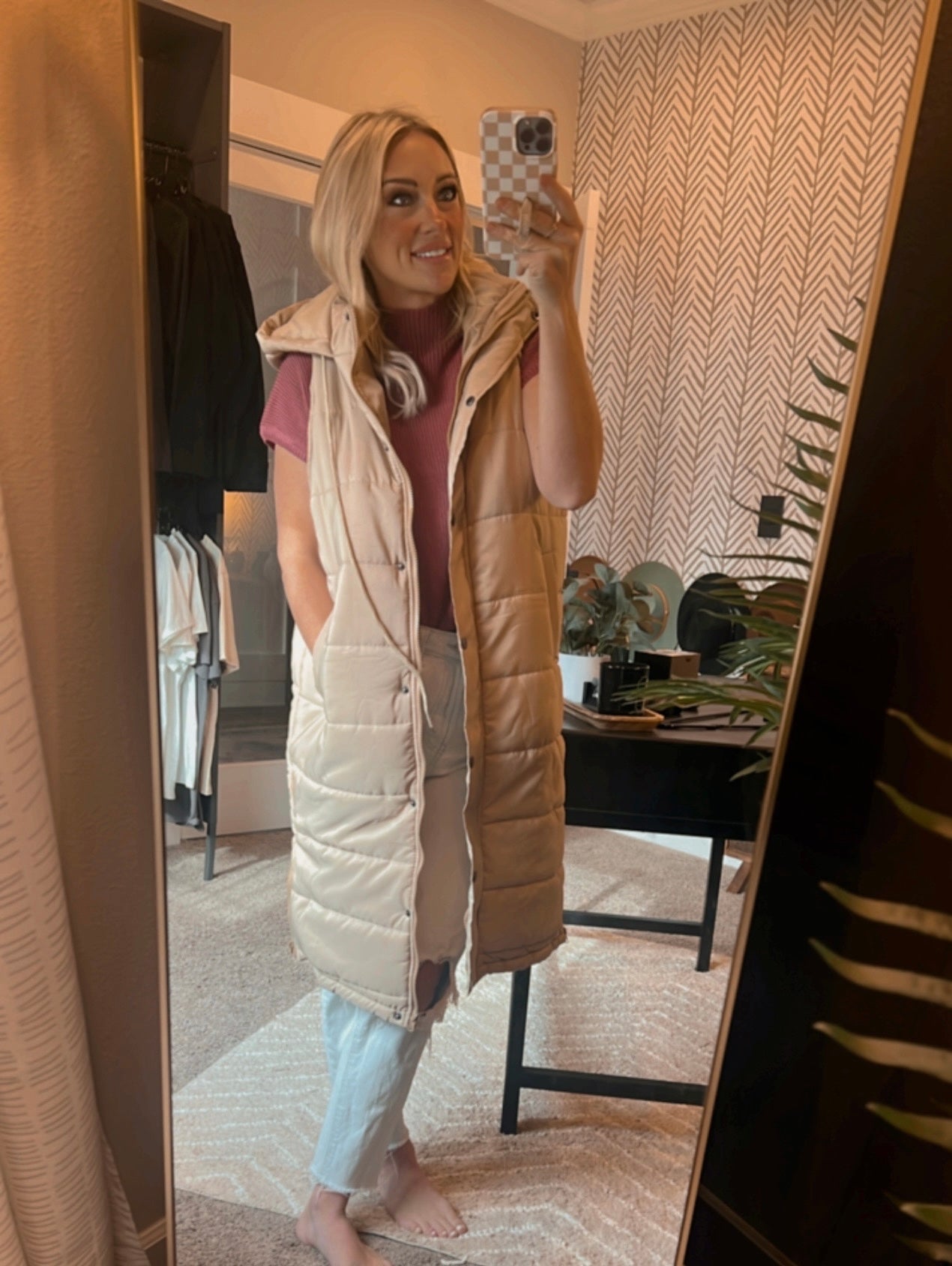 Cream Long Puffer vest